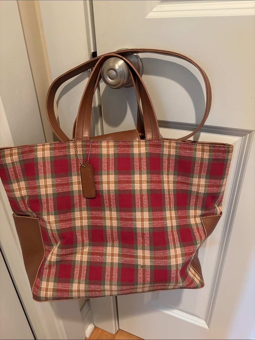 Vtg Longaberger Homestead Red Plaid Canvas Tote Bag Shoulder Purse